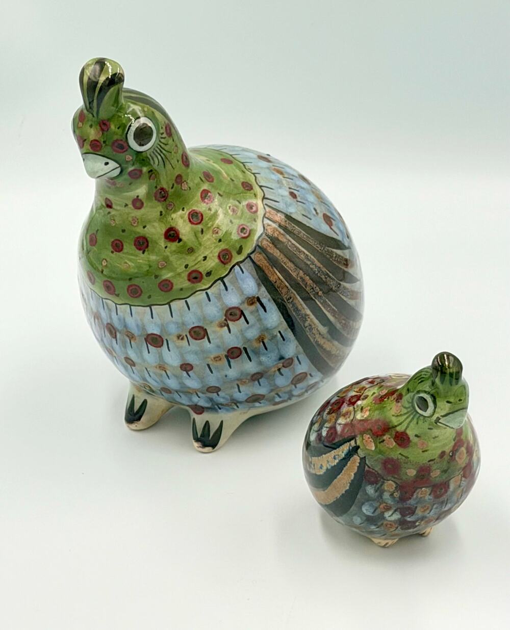 Folk-Art Ken Edwards Tonala Pottery Hand Painted Palomar Quail Mama & Baby Bird
